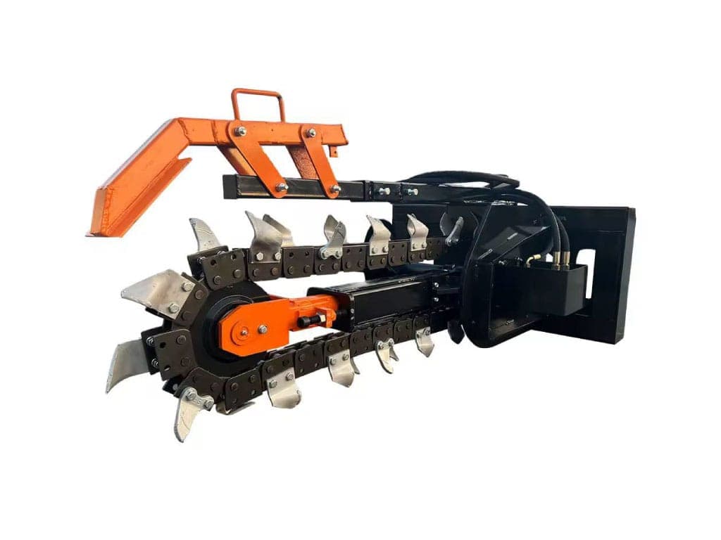 Trencher attachment rental Pasco WA skid steer, hydraulic trencher for utilities irrigation drainage and pipeline installation at PL Equipment Rental